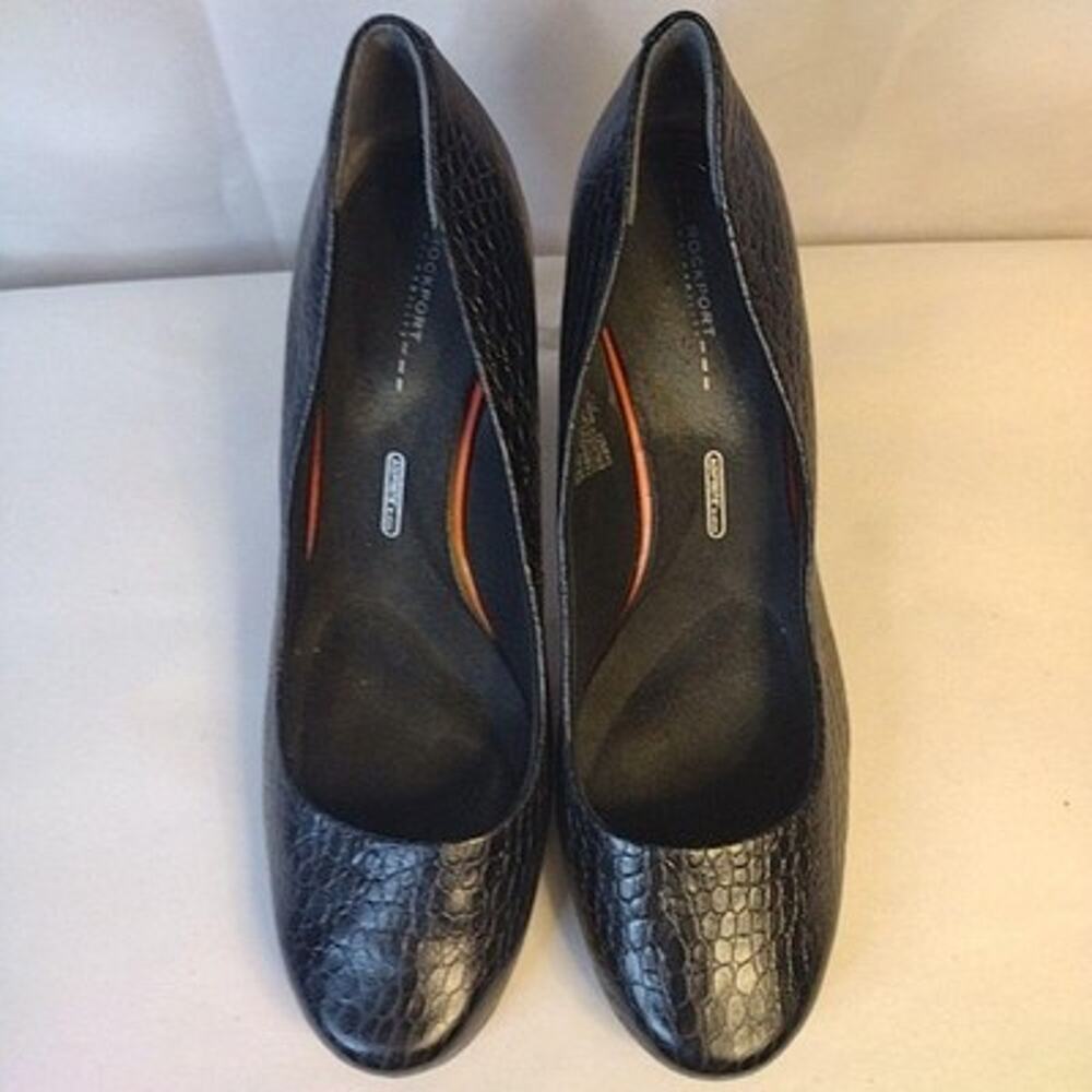 Rockport Shoes Womens Size 10.5 Black Croc Leather Round Toe Block Heel Pumps